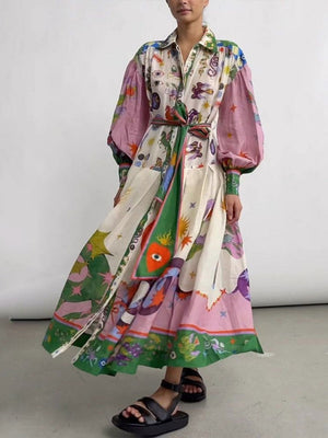 Botanical Floral Prints Balloon Sleeve Lapel Waist Long Sleeve Maxi Dresses