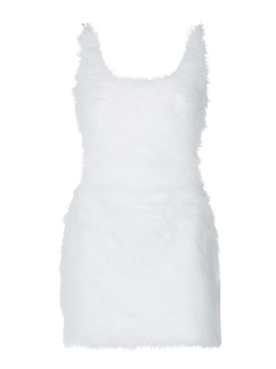 White Sexy Open Back Zipper Furry Halter Bodycon Dress