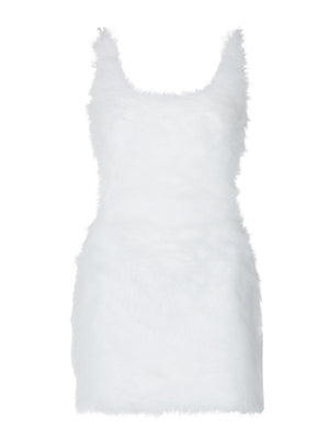 White Sexy Open Back Zipper Furry Halter Bodycon Dress