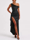 Asymmetrical Satin Shoulder Design With A Cinched Waist Solid Color Maxi Dresses