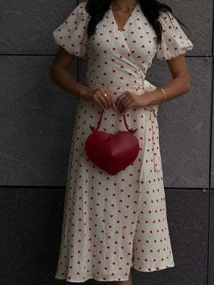 Pure Cotton Bandage Wrap-up Puff Sleeve Printed Comfort Maxi Dresses