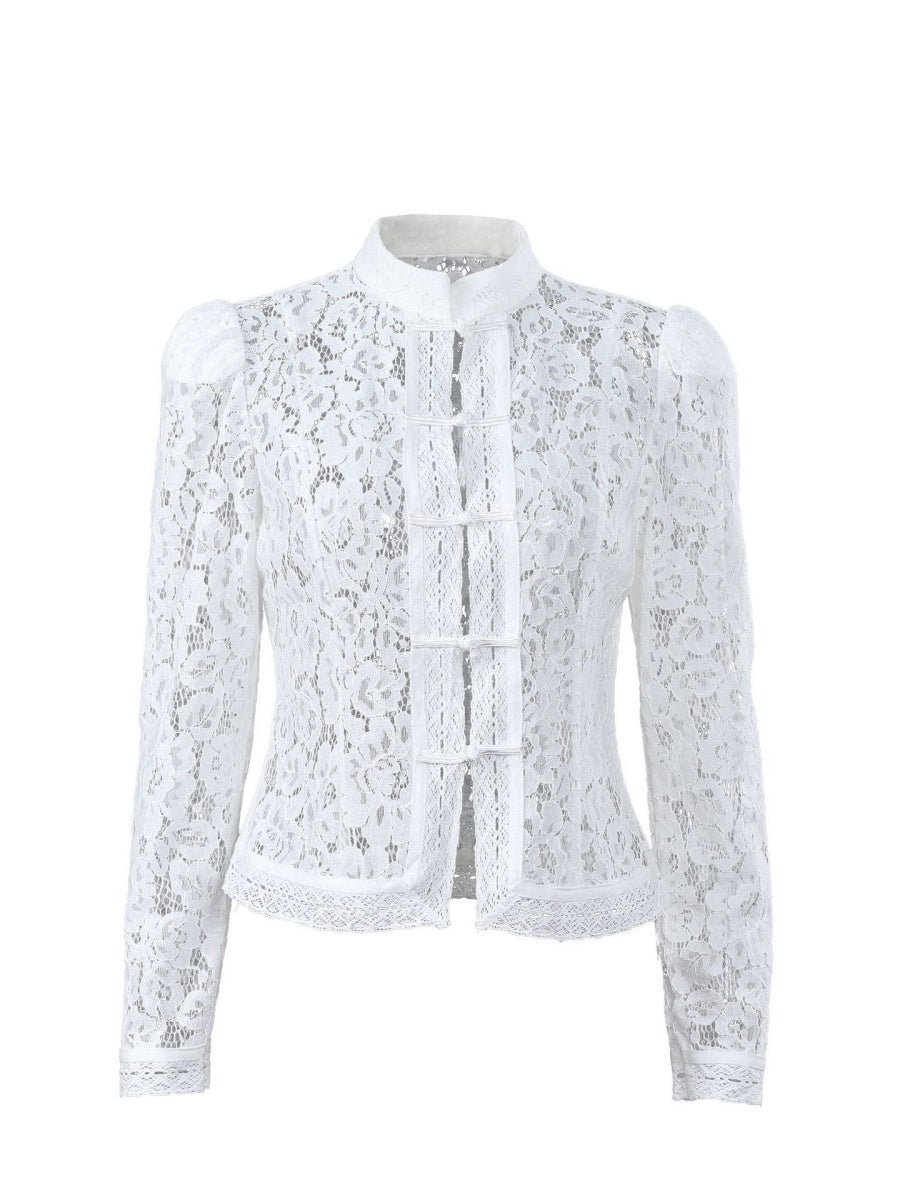 Haut transparent à col montant en dentelle crochetée et coupe ajustée, manches longues