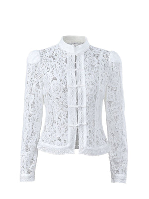 Haut transparent à col montant en dentelle crochetée et coupe ajustée, manches longues