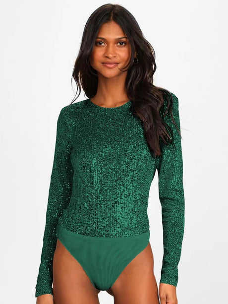 Long-sleeved, Slim-fit, Round Neck, Shimmering, Openwork Bodysuit
