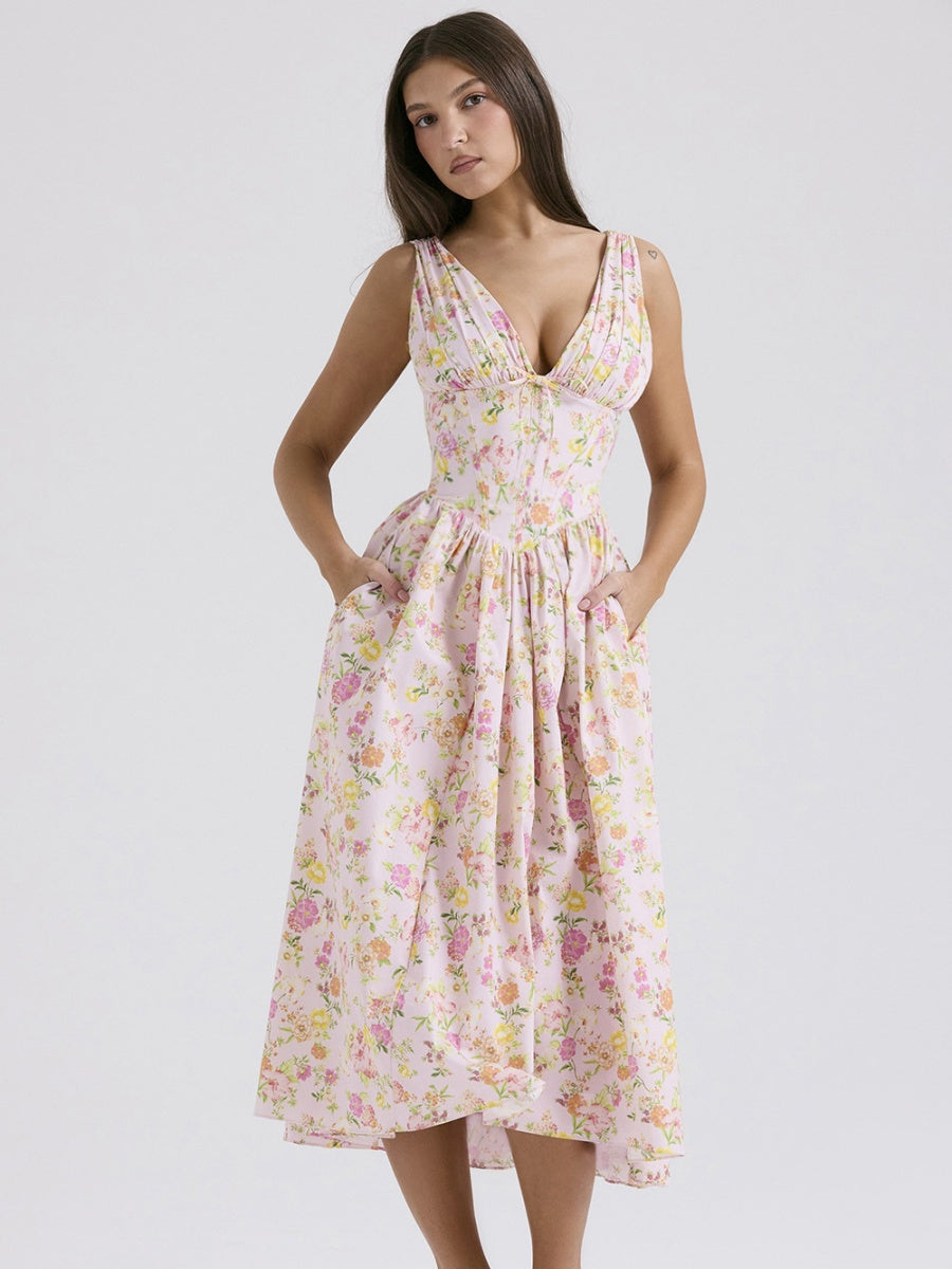 Resort-style Floral Print V-neck Spaghetti Strap Maxi Dress