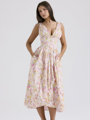 Resort-style Floral Print V-neck Spaghetti Strap Maxi Dress