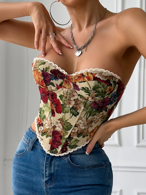 Floral Print Strapless Lace Tethered Fish Bones Strapless Bra
