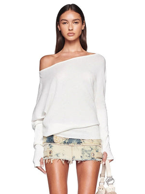 White Loose Leisure Slimming Off-shoulder Hood T-shirts