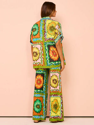 Printed Vacation Long-sleeved Shirt Pants Wide Leg Set 2-piece Sets