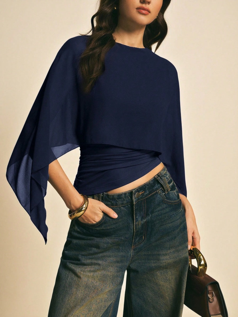 Cape-sleeve T-shirt, Round Neck, Loose Chiffon Cover-up, Elegant Irregular Top/T-shirt