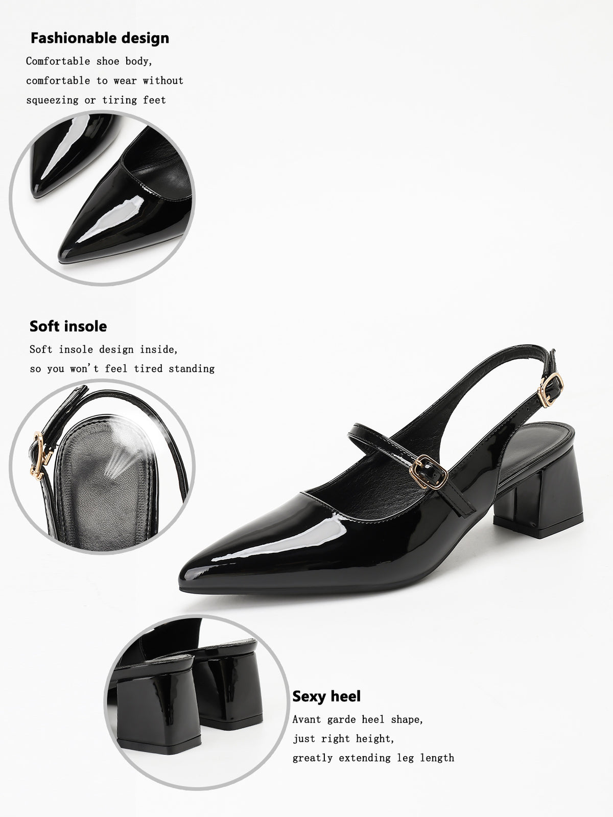 Metal Buckle Pointed Toe Open Back Chunky Heel Mary Jane Shoes