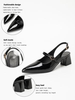 Metal Buckle Pointed Toe Open Back Chunky Heel Mary Jane Shoes