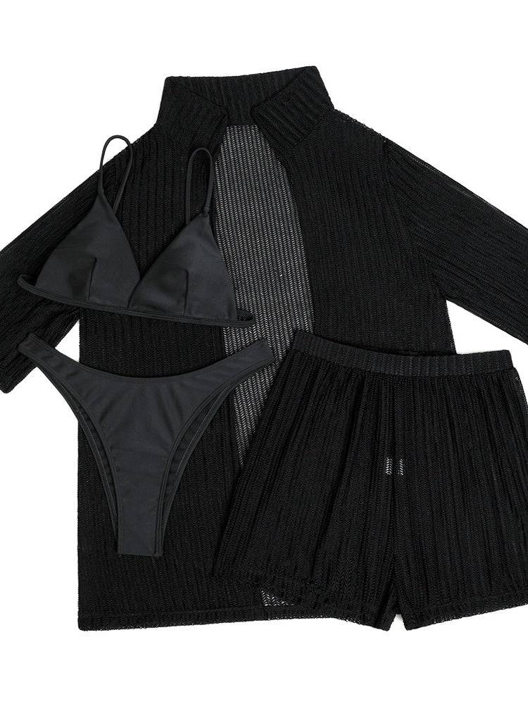 Beach Sun Protection Mesh Shirt, Shorts, Bikini Four-piece Set