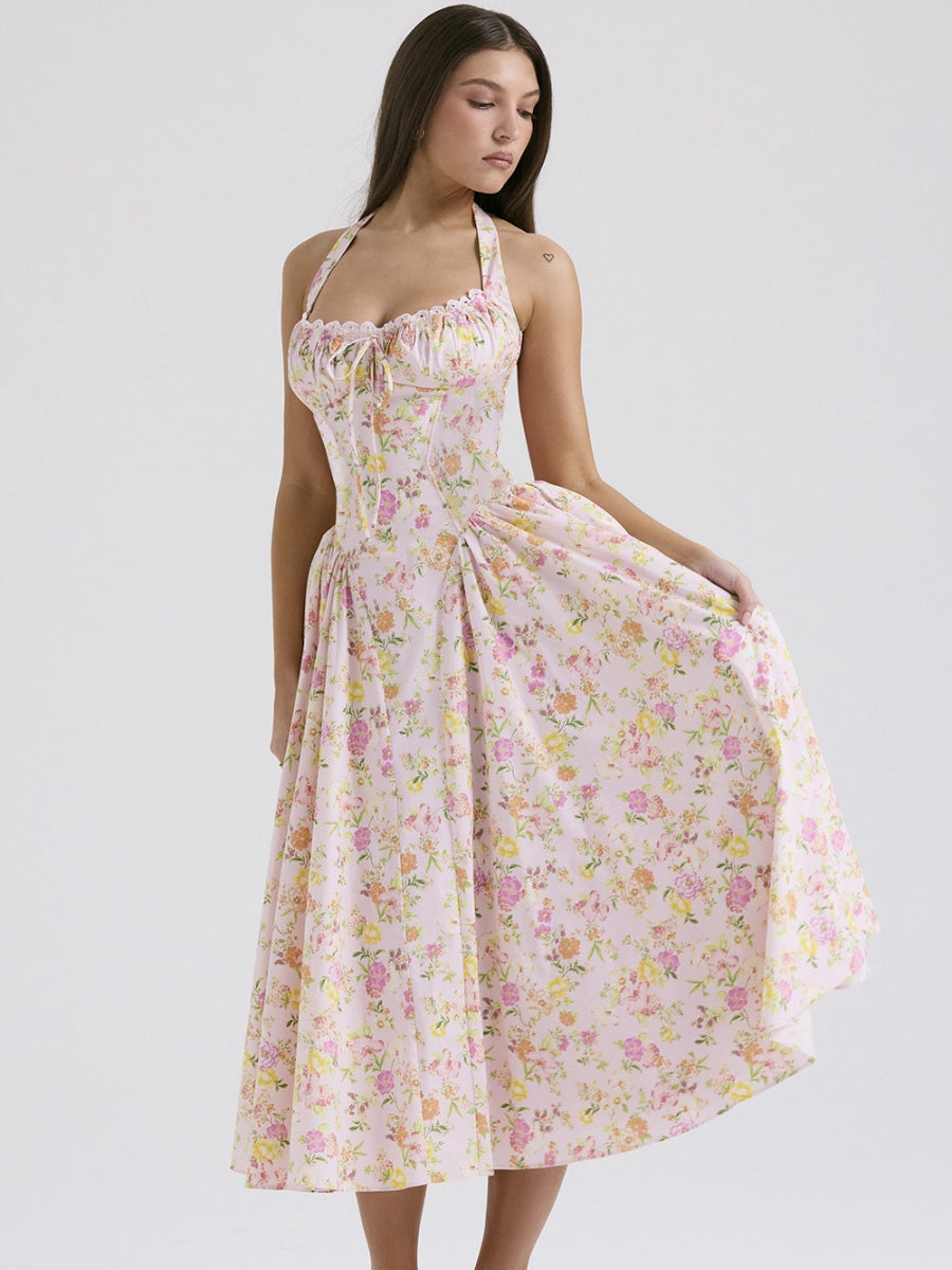 Lace Trim Floral Print Vacation Style Long Dress