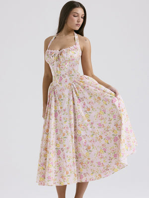 Lace Trim Floral Print Vacation Style Long Dress