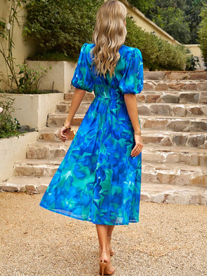 Waist-cinching Deep V-neck Floral Print Maxi Dresses