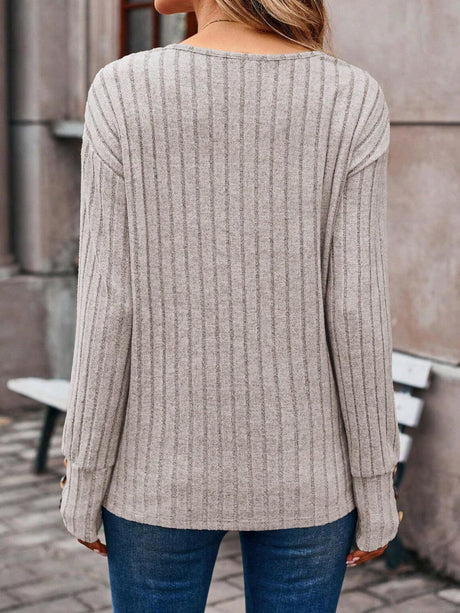 Long Sleeve V Collar Buttons Solid Color T-shirts