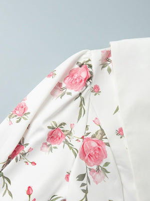 Waist Printed Floral Lapel Puff Sleeve Sweet Mini&Short Dresses