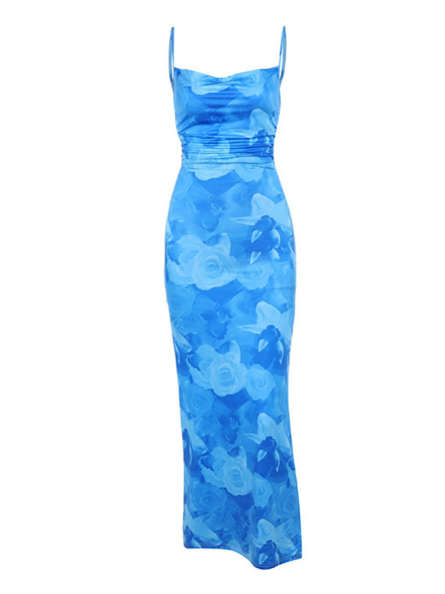 Flowers Printed Waist-cinching And Hip-hugging Swing Collar Camisoles Maxi Dresses