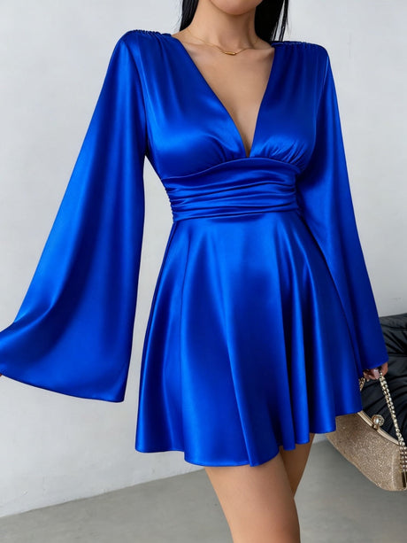 V-neck Long Sleeve Flared Sleeves Mini&Short Dresses