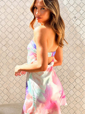 Floral Print Strapless Backless Short Dress