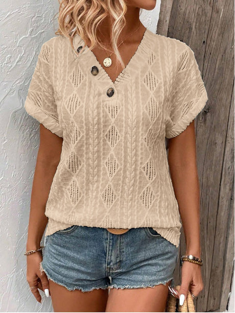 V-neck Button-down Loose Short-sleeved T-shirt