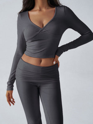 V-neck Long Sleeve Pants Pleated Navel Solid Color 2-piece Sets