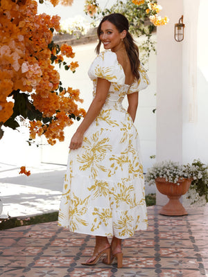 Printed Puff Sleeve Sweetheart Collar Vacation Maxi Dresses
