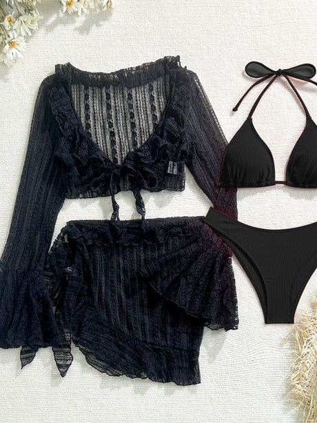 Sexy Lace Mesh Swimsuit Bikini Four-piece Set