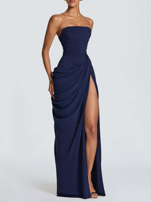 Asymmetrical Pleated Sexy High-slit Strapless Pleated Long Dress