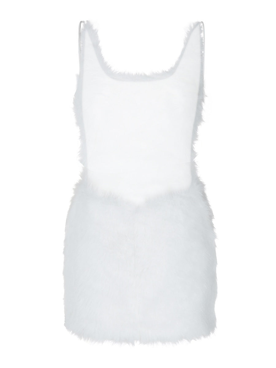 White Sexy Open Back Zipper Furry Halter Bodycon Dress