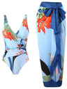 One-piece Swimsuit With Cross-over Print, Revealing Backpack And Hip-revealing Long Skirt (two-piece Set)