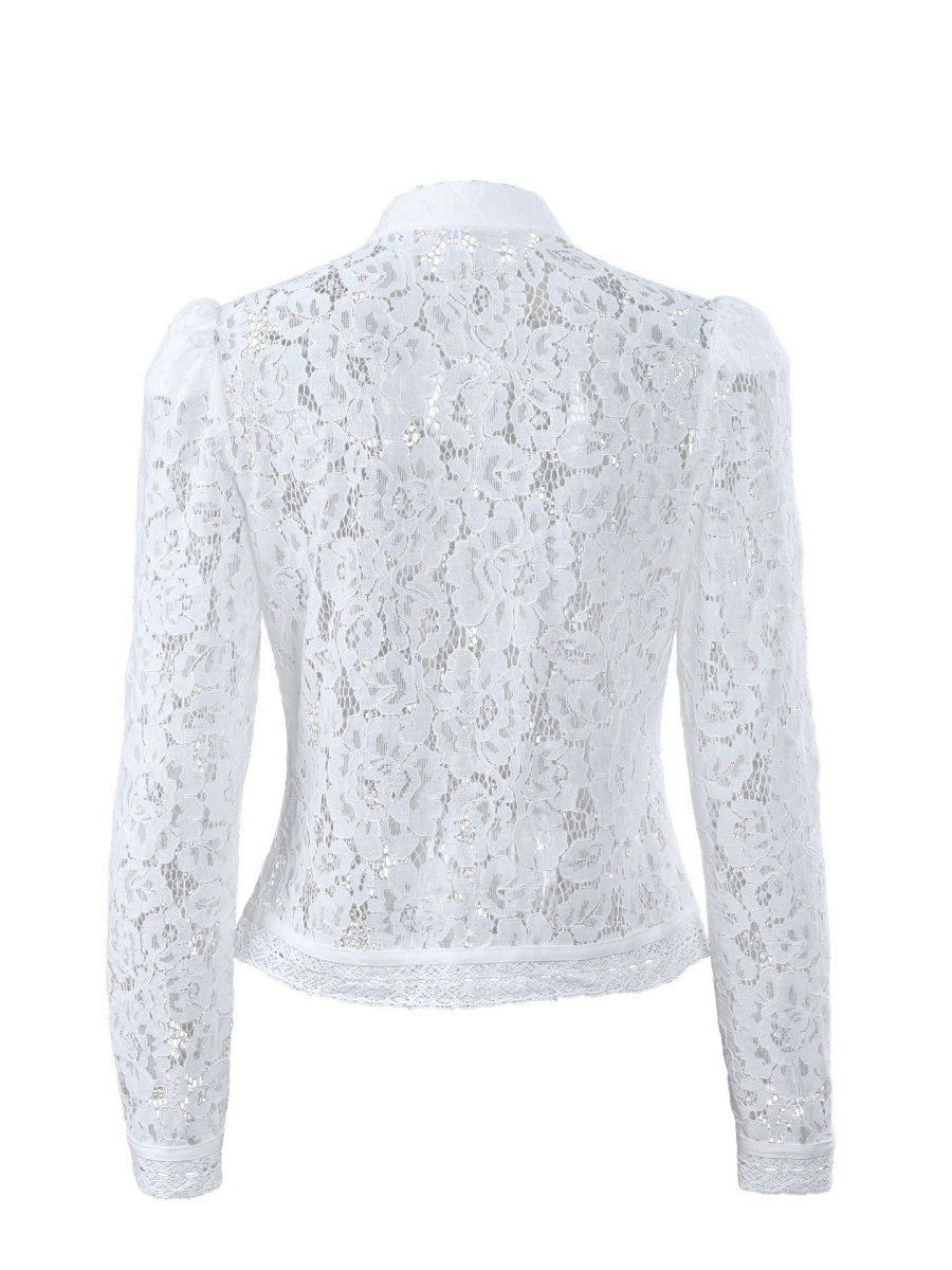 Haut transparent à col montant en dentelle crochetée et coupe ajustée, manches longues