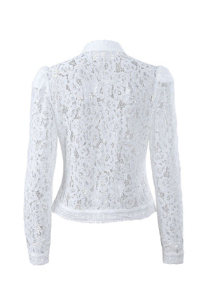 Haut transparent à col montant en dentelle crochetée et coupe ajustée, manches longues