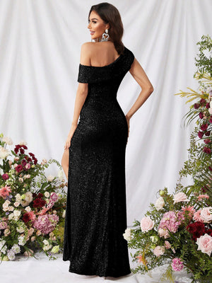 Sequined, Elegant, Asymmetrical Neckline, High Slit Long Dress