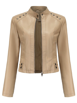 Studs Long Sleeve Stand Collar PU Leather Jackets