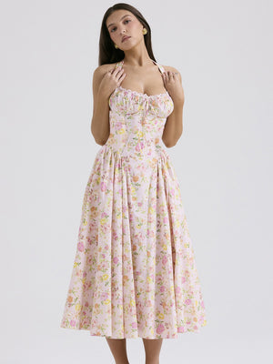 Lace Trim Floral Print Vacation Style Long Dress