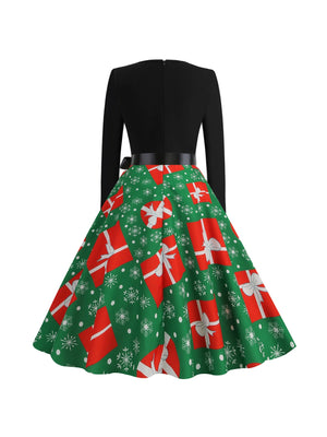 Christmas Crew Neck Splicing Long Sleeve Midi Dresses