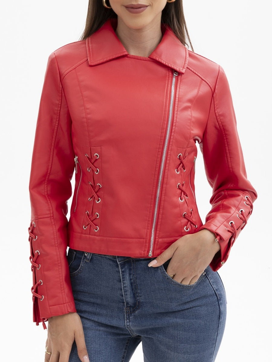 Weaving Bandage Leisure Leather Jacket