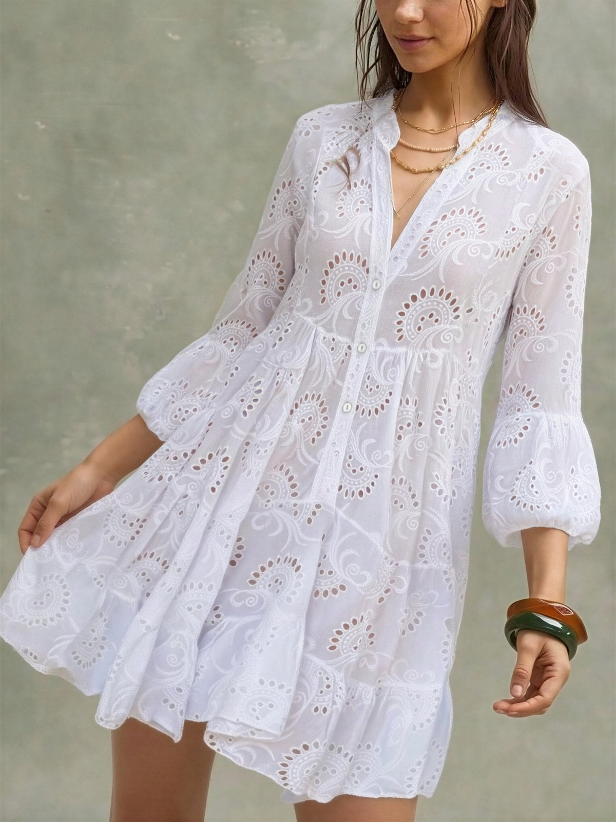 Embroidery Hollow Loose-fit Midi Dresses