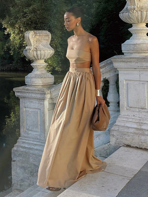 Pure Cotton Strapless Bra Jacket High-waisted Long Skirt Vacation Package 2-piece Sets