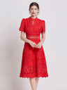 Lace Waist-cinching Hollow-out Midi Dress