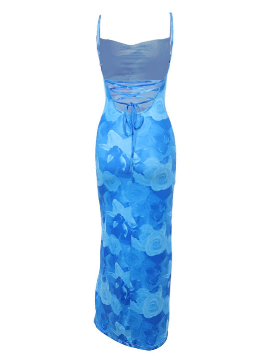 Flowers Printed Waist-cinching And Hip-hugging Swing Collar Camisoles Maxi Dresses