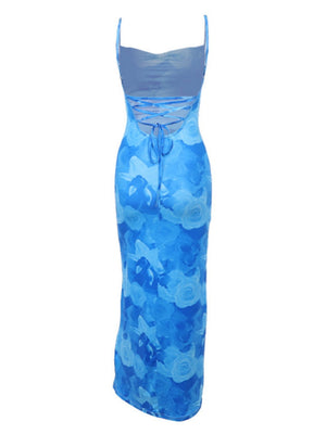 Flowers Printed Waist-cinching And Hip-hugging Swing Collar Camisoles Maxi Dresses