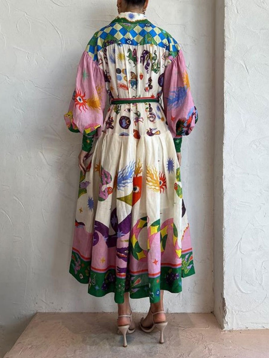 Botanical Floral Prints Balloon Sleeve Lapel Waist Long Sleeve Maxi Dresses