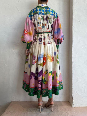 Botanical Floral Prints Balloon Sleeve Lapel Waist Long Sleeve Maxi Dresses