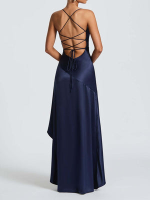 Spaghetti Strap Backless Ruffled Irregular Long Dress