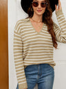 Liber Autumn Women's V-neck Contrasting colors Stripes Jacket Woolen