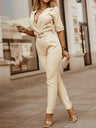 Short-sleeved, High-waisted, Belted Jumpsuit For Professional Commuting