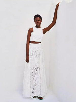 Floral Cutout Sleeveless Top And A-line Skirt Two-piece Vacation Set